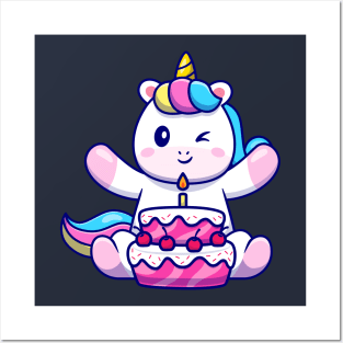 Cute Unicorn With Birthday Cake Cartoon Posters and Art